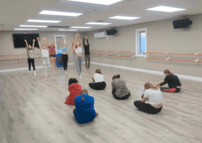 A diverse group of individuals sitting on the floor in a dance studio, engaged in a dance routine.